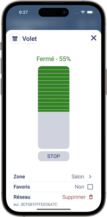 contrôle de volets depuis l'application Polynhome